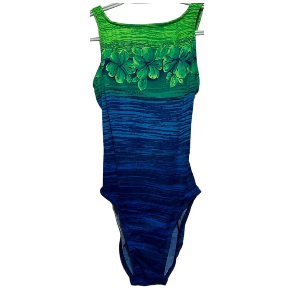 Beach Cabana Women's One-Piece‎ Green Blue Hawaiian Swimwear Size M